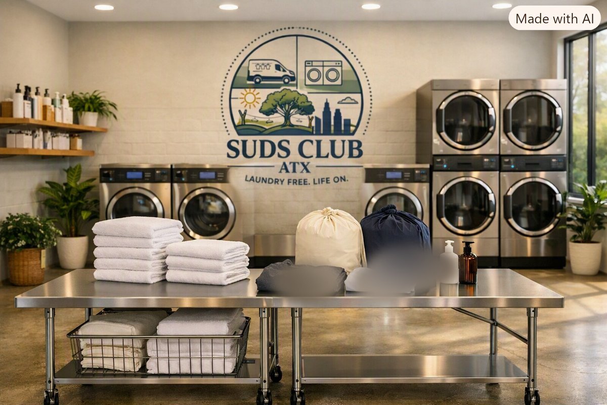 Bright, organized Suds Club ATX facility with a folding station, commercial washers and dryers, and the Suds Club ATX logo on the wall