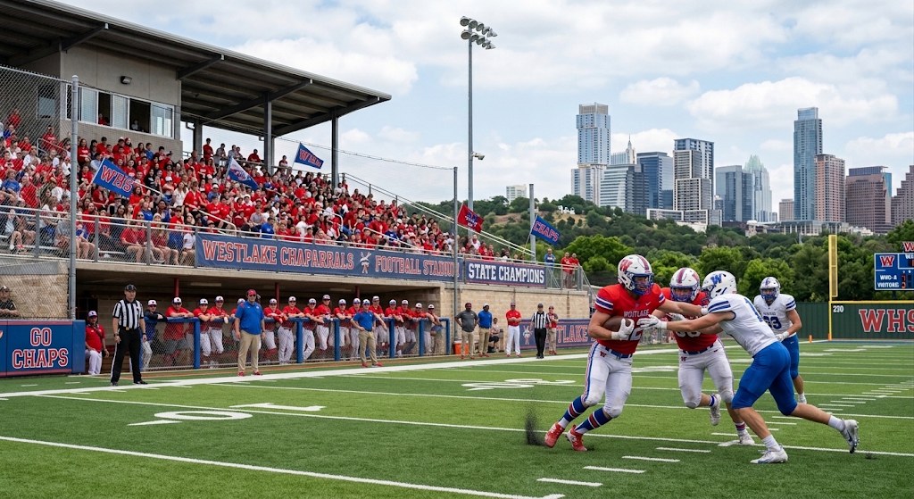 Westlake football game with the Austin skyline in the background