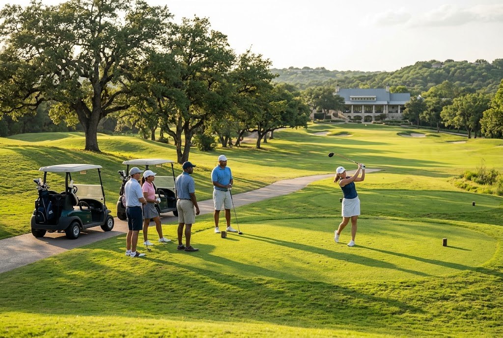 Friends golfing at a Hill Country club