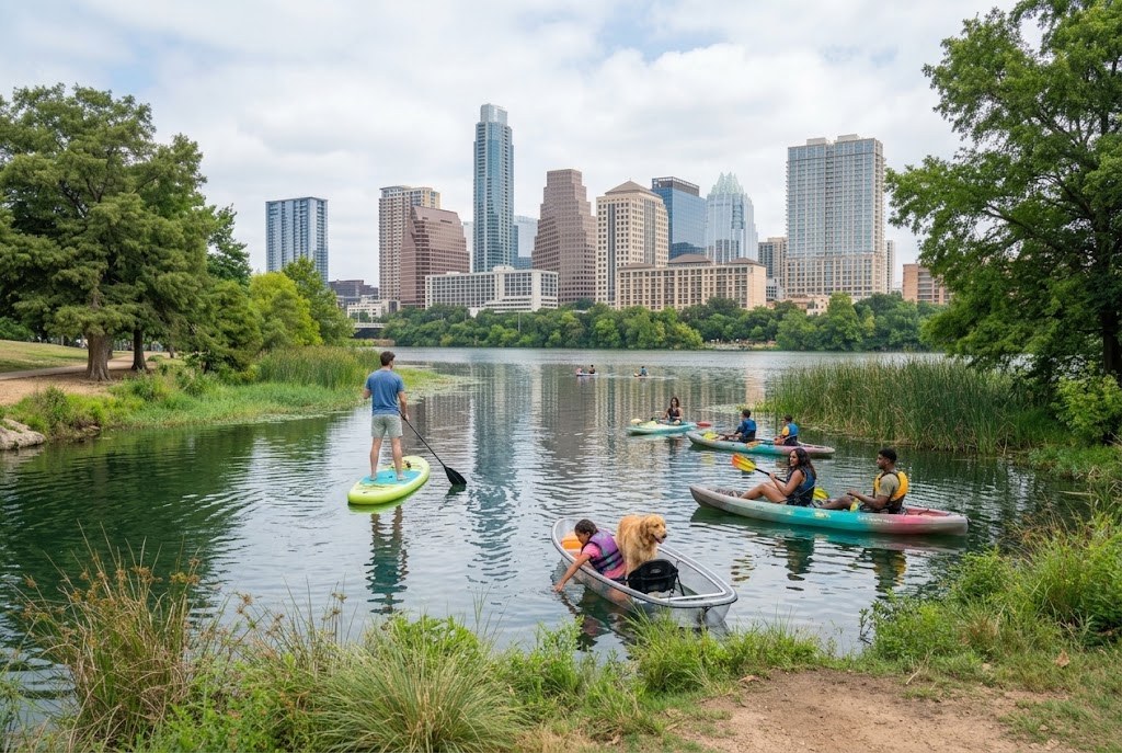 Paddleboarding and kayaking on Lady Bird Lake with the Austin skyline behind