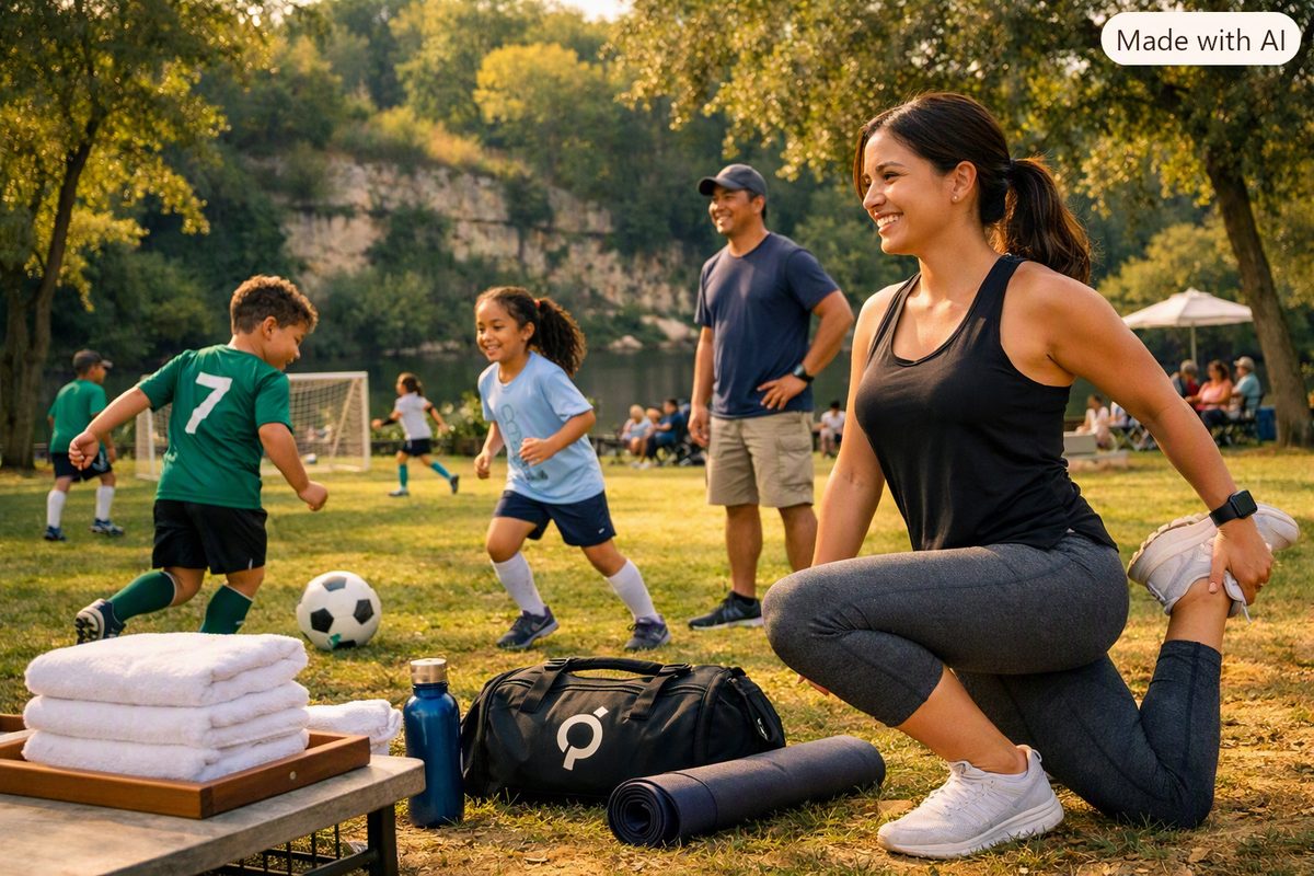Family at a youth soccer game in an Austin park, with a woman stretching after a workout in the foreground