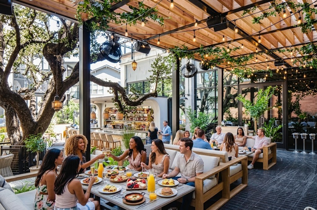 Friends at brunch on an Austin rooftop patio